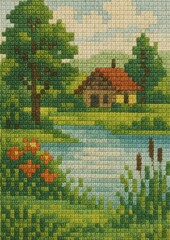 Fototapeta premium Pixelated serene landscape design.