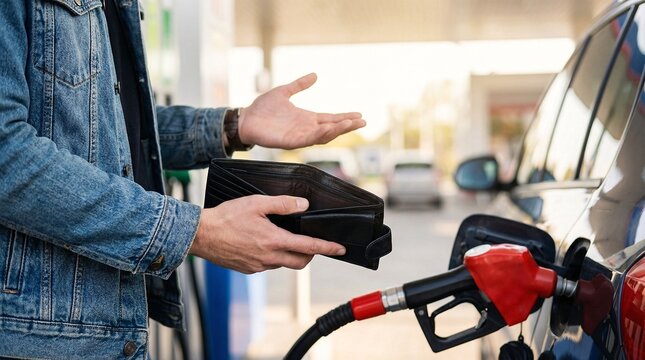 Frustrated man showing empty wallet at gas station fuel pump concept