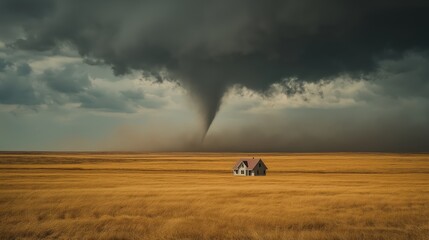 Fototapeta premium Dangerous tornado funnel touching down in wheat field near lonely farmhouse during storm