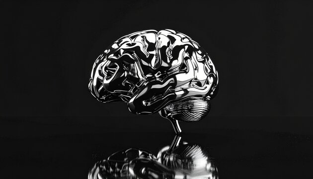 Liquid metal brain sculpture with smooth, reflective surface, floating on black