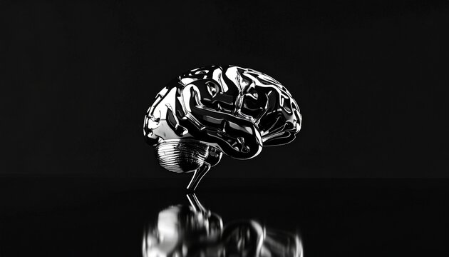 Liquid metal brain sculpture with smooth, reflective surface, floating on black