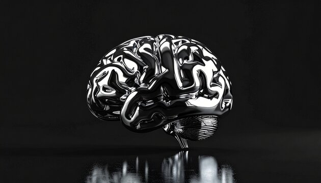 Liquid metal brain sculpture with smooth, reflective surface, floating on black