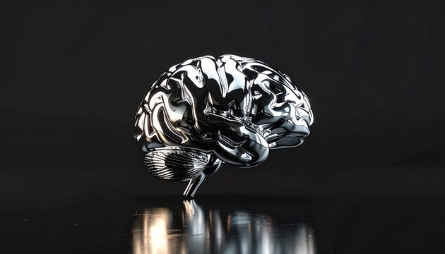 Liquid metal brain sculpture with smooth, reflective surface, floating on black