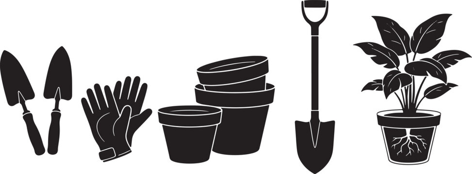 Gardening tools and plant pots on white background