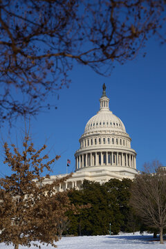 nited States Capitol Building in Washington, DC, in winter on blue sky background