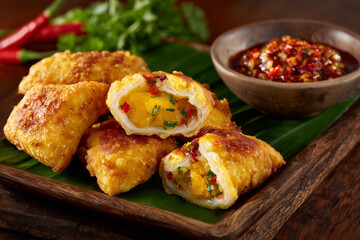 Fototapeta premium Crispy stuffed tofu is cut open to reveal the vegetable filling, served with fresh chili sauce.