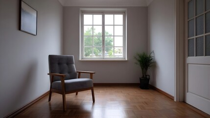 Fototapeta premium A minimalist residential interior room features a grey armchair a window with greenery and polished wooden flooring