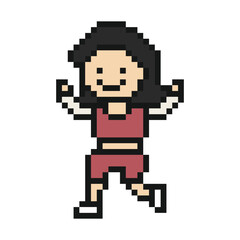 Fototapeta premium Cartoon cute woman run running marathon jogging race with workout,8 bit,pixel art,gym,exercise.