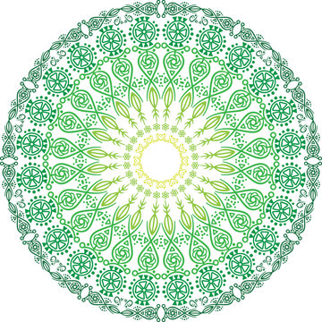 Green and yellow mandala design with floral patterns and shapes
