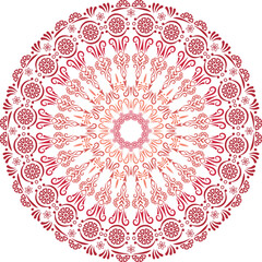 Red intricate circular mandala design with floral patterns and shapes © Stock Rasel