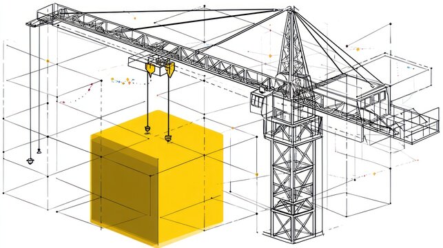3D wireframe depiction of a crane hoisting a yellow cube in a construction schematic