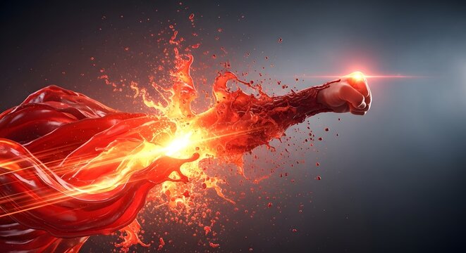 Powerful energy punch and dynamic impact concept. Strength and liquid motion. Human fist bursting through red paint splash with glowing light and speed trails