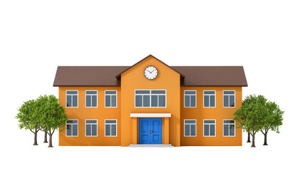 Orange school building with blue doors and clock, isolated on transparent background © Elena