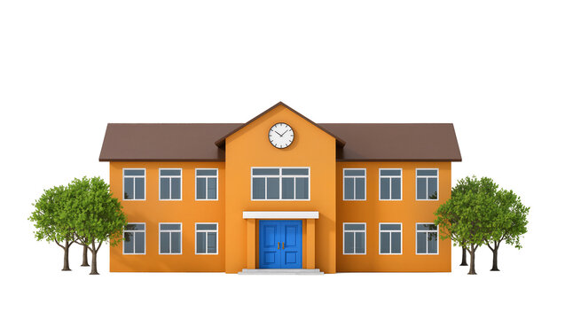 Orange school building with blue doors and clock, isolated on transparent background