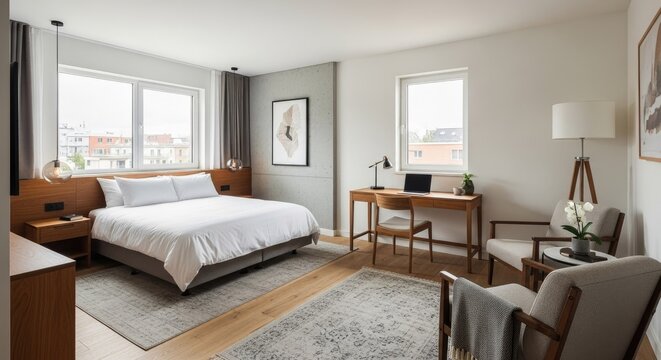 Modern hotel bedroom with large bed and working desk natural light