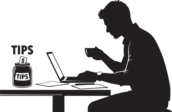 Man sitting at desk with laptop and tips jar silhouette