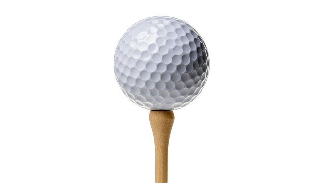 White dimpled golf ball balanced on a wooden tee, isolated on transparent background