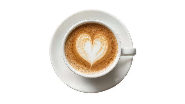 White ceramic cup with latte art heart, isolated on transparent background