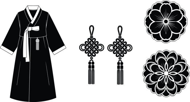 Traditional Korean hanbok dress with norigae tassels and floral motifs illustration, cultural heritage fashion design, black and white decorative artwork