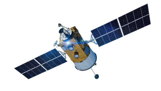 Space satellite with solar panels, isolated on transparent background