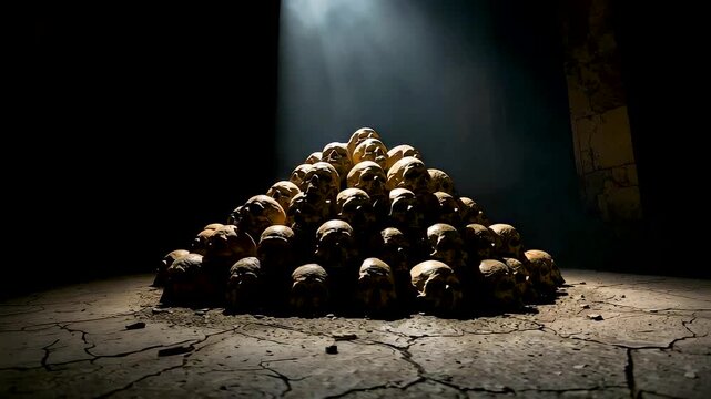 Large pyramid stack of human skulls rests on cracked dry ground under dramatic beam of light in dark space