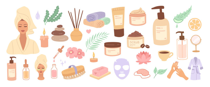 Vector illustration of spa and skincare elements set. Flat design beauty collection isolated object.