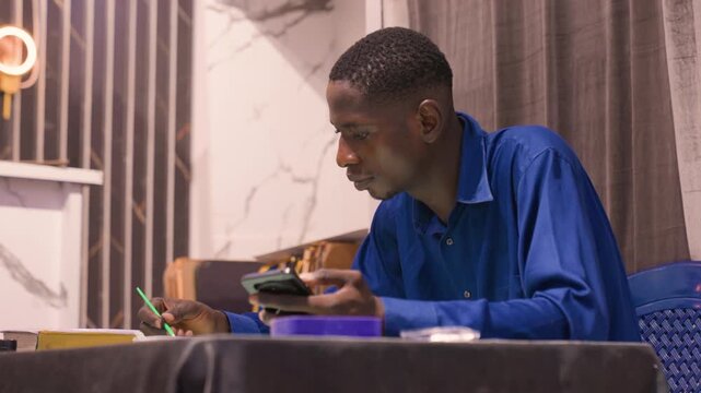 Black portrait painter applying final brushstrokes with phone reference, side profile under warm lamp, marble wall and framed canvases behind, mixing pigments on palette, focused finishing touch,