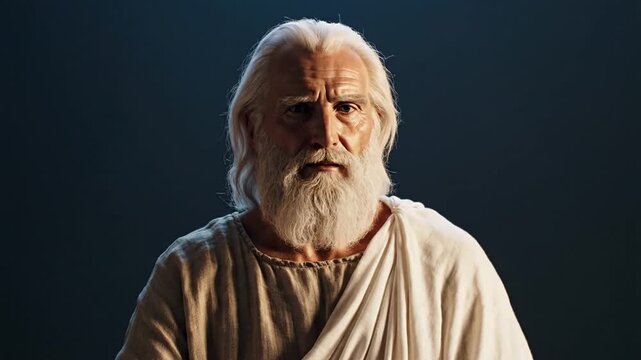 Ancient Greek philosopher in a white toga standing against a dark background with dramatic lighting