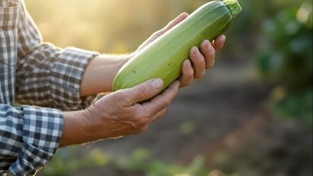 farmer hands holding fresh green zucchini in garden. agricultural harvest concept. man in plaid shirt checking organic vegetable. healthy food, farming, summer gardening.