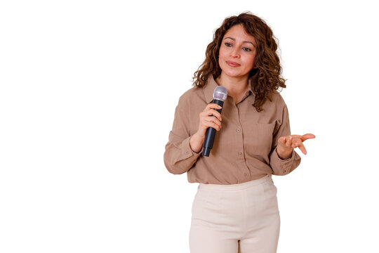 Woman holding a microphone, actively engaging in public speaking and communication. Transparent background
