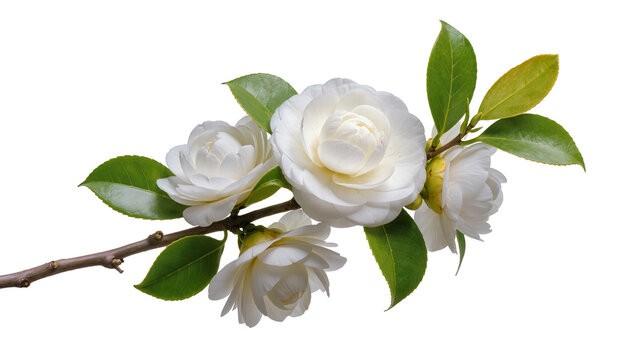 Delicate white camellia flowers with green leaves on a branch, isolated on transparent background