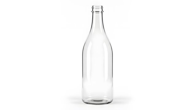 Elegant empty wine bottle made of clear glass standing on white background 3d illustration of transparent beverage container for liquid drinks mockup
