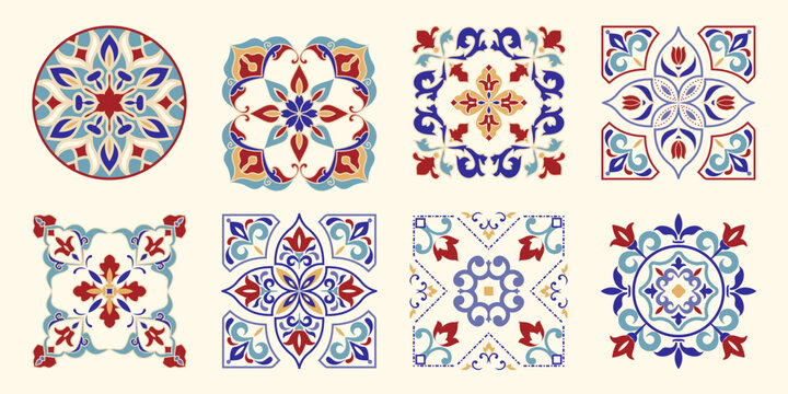 Collection of 8 flower Azulejo tiles. Seamless colorful patterns in azulejo style. Floor tile oriental collection seamless textures. Portugal spanish ceramics. Vector