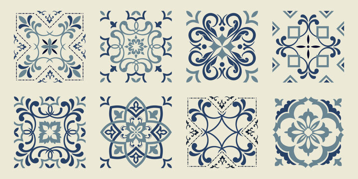 Collection of 8 flower Azulejo tiles. Seamless colorful patterns in azulejo style. Floor tile oriental collection seamless textures. Portugal spanish ceramics. Vector