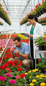 Botanists examining flowers in a greenhouse environment.
