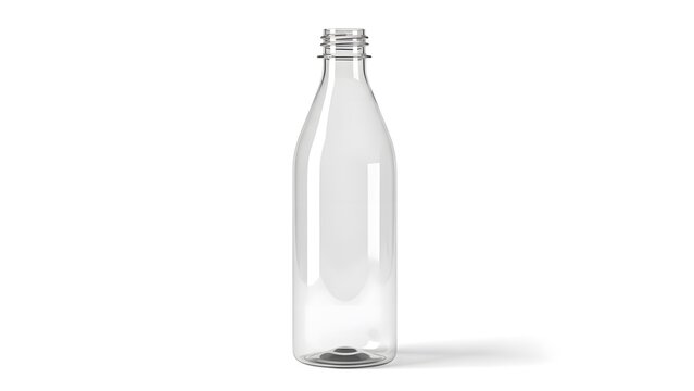 Tall, slender empty glass bottle with a narrow neck and screw cap thread, isolated on a white studio background, ideal for wine or spirits packaging