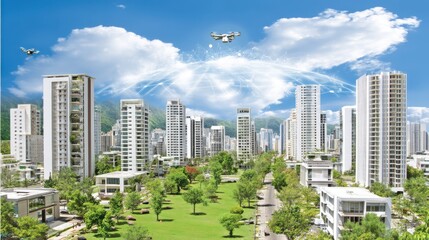 Obraz premium Urban drone delivery systems transforming city life modern cityscape digital art bright day aerial view futuristic concept