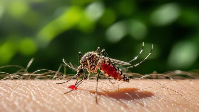 Close-up Shot Of Mosquito Biting Human Skin Sucking Blood Macro Photograph In Nature Blurry Green Foliage In The Background Concept For Health Medical Danger Diseases Environmental I
