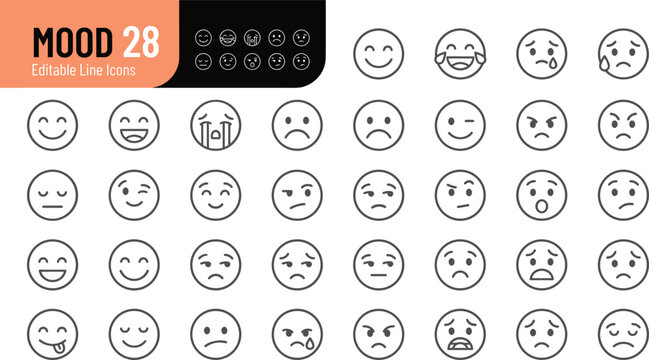 Editable line icons of 28 different moods on transparent background