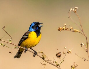 Fototapeta premium Vibrant bird perches on a branch with dried flora, against a soft tan background