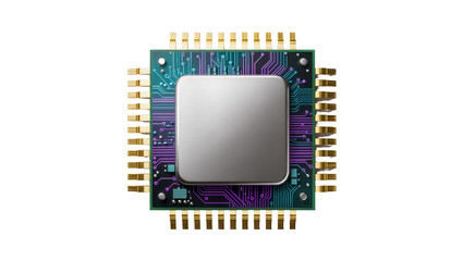 Central processing unit with gold pins and circuit board, isolated on transparent background