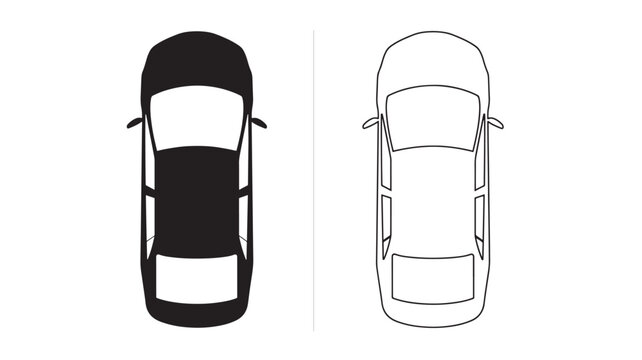 Cars top view silhouette and outline, black solid filled icon next to white line art drawing featuring car, automobile, vehicle with contrast and