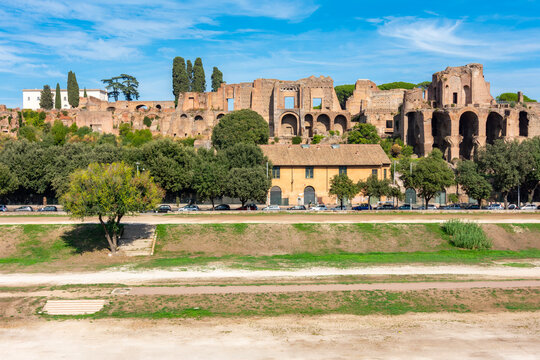Ancient Circus Maximus and Temple of Apollo Palatinus ruins on Palatine hill in Rome, Italy