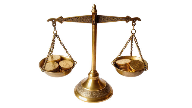 Antique brass balance scale with gold coins in pans, isolated on transparent background