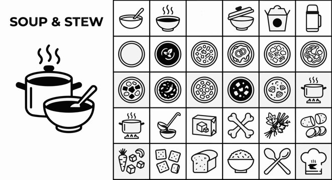 Professional soup and stew icon set featuring hot bowls, cooking pots, ladles, broth ingredients, noodles, and various soup types in a clean linear outline style for menus and culinary designs.