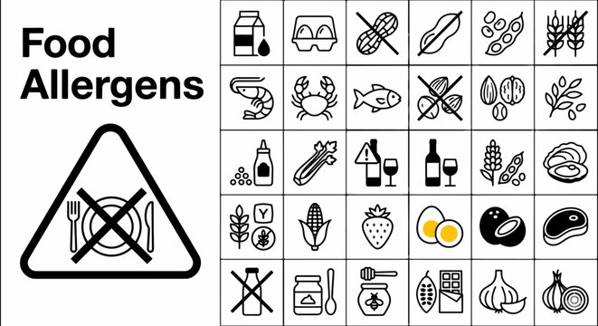 Comprehensive food allergens and dietary restriction icon set featuring milk, eggs, peanuts, shellfish, gluten, soy, and various warning symbols in a clean black outline style for food safety.