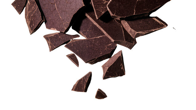 Dark chocolate chunks scattered, isolated on transparent background