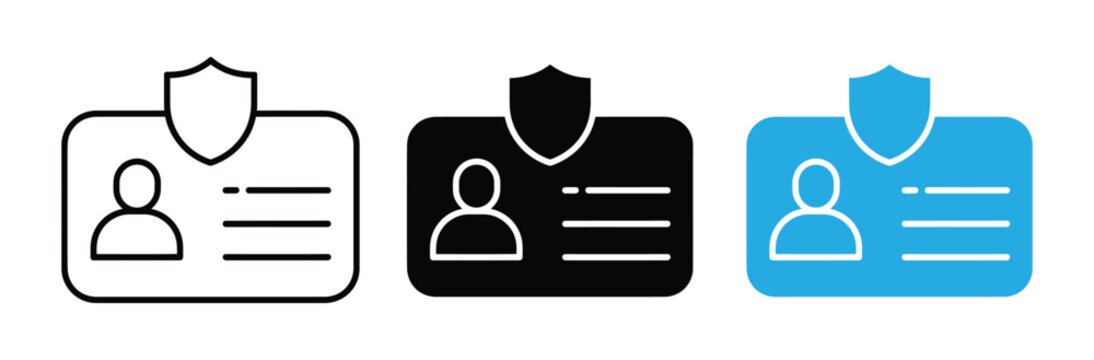 Set of identity card icons with shield symbol in black, White and blue color