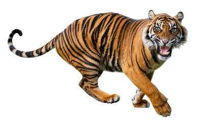 Obraz premium Fierce tiger with orange and black stripes roaring, isolated on transparent background