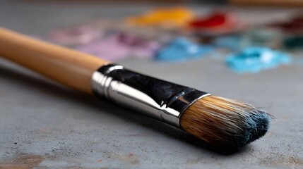 Fototapeta premium A close up of an s paintbrush with blue paint on its bristles resting on a surface with a blurred colorful paint palette